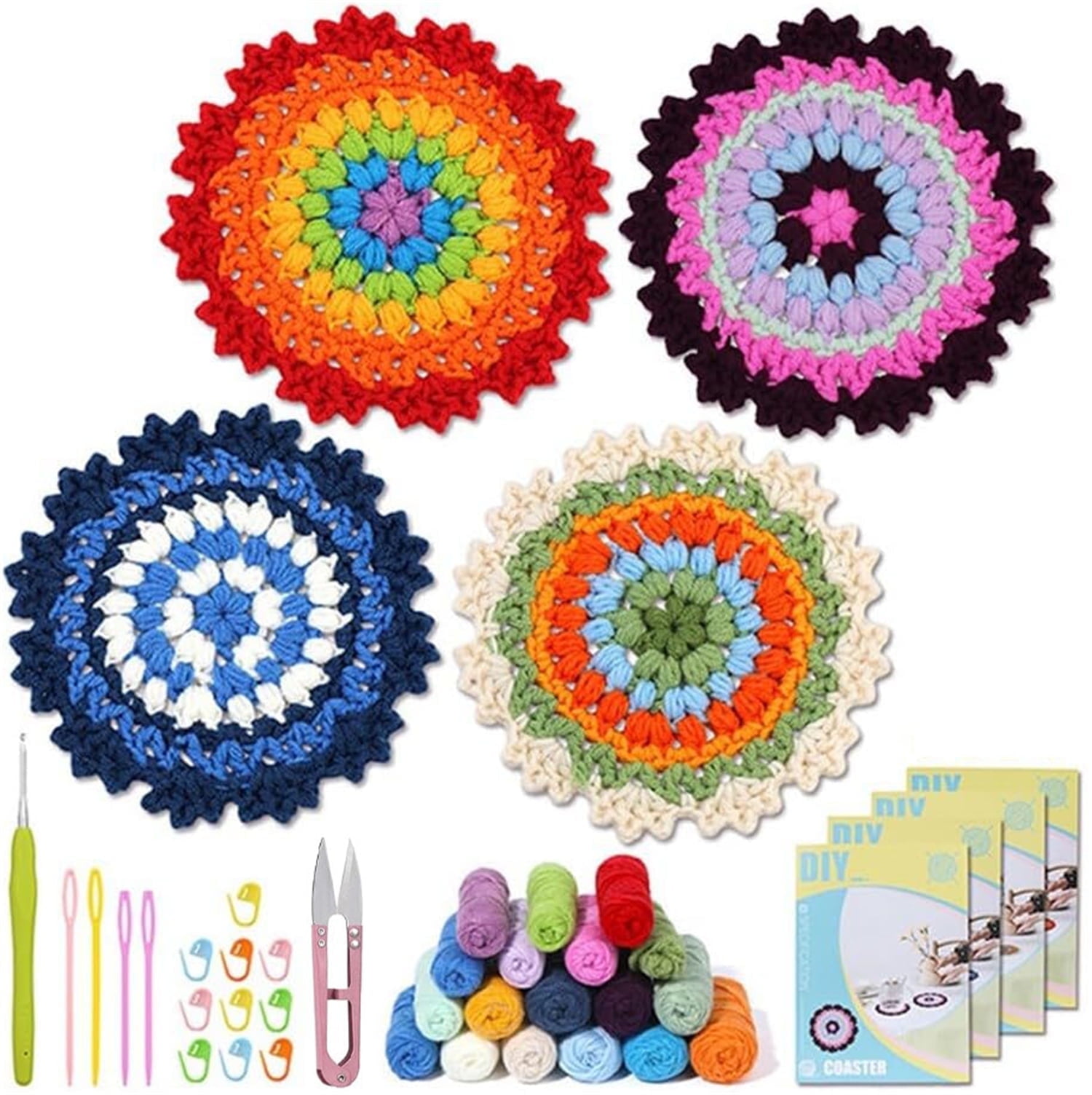 Crochet Kit for Beginners,Coaster Beginner Crochet Kit,Adult Knitting Kit DIY Crochet Starter Kit,Yarns Crochet Hook, Crochet Starter Kit for Adults DIY Knitting Supplies(Teacup Mat 4Pcs)
