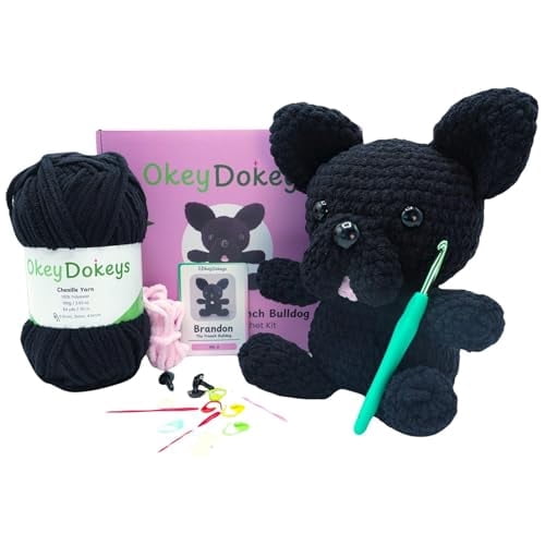 Crochet Kit for Beginners, Crafts for Adults, Fun Stuff -Step-by-Step YouTube Starter Kit - Thick Chenille Yarn and Craft Supplies Included, Cute Amigurumi Art Kit - Crochet French Bulldog Kit