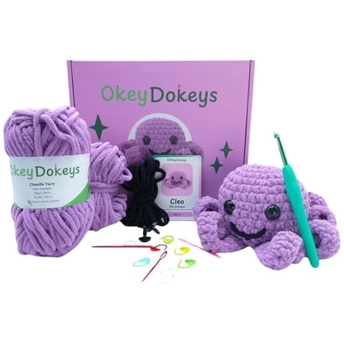 Crochet Kit for Beginners, Crafts for Adults, Fun Stuff -Step-by-Step YouTube Starter Kit - Thick Chenille Yarn and Craft Supplies Included, Cute Amigurumi Art Kit (Crochet Octopus Kit)