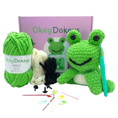 Crochet Kit for Beginners, Crafts for Adults, Fun Stuff -Step-by-Step YouTube Starter Kit - Thick Chenille Yarn and Craft Supplies Included, Cute Amigurumi Art Kit (Crochet Frog Kit)