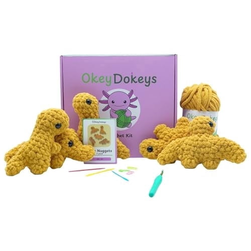 Crochet Kit for Beginners, Crafts for Adults, Fun Stuff -Step-by-Step YouTube Starter Kit - Thick Chenille Yarn and Craft Supplies Included, Cute Amigurumi Art Kit - Dino Nugget