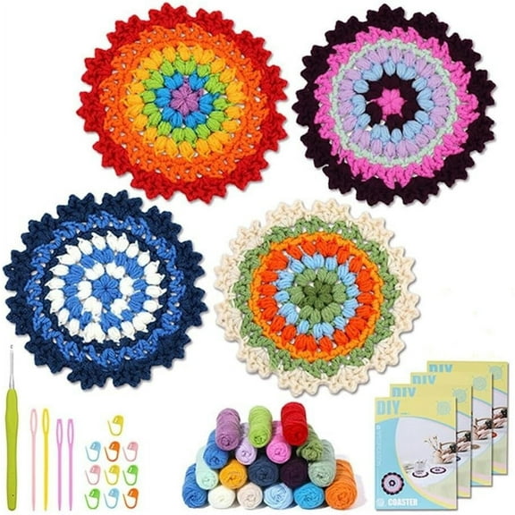 Crochet Kit for Beginners - Crochet Starter Kit with Clear Video Tutorials, Learn to Crochet Kits for Adults and Kids, Beginners Crochet Kit,DIY Knitting Supplies, 4 Pack Woven Coaster