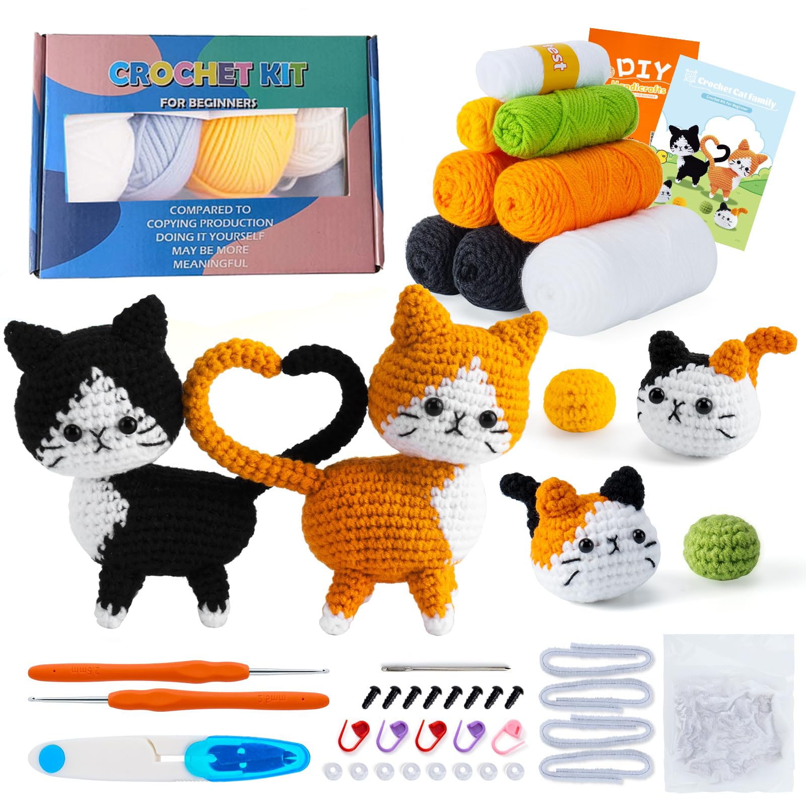 Crochet Kit for Beginners, Crochet Starter Kit with Step-by-Step Video Tutorials, 4PCS Cats Family Amigurumi Crochet Animals DIY Knitting Kit with Yarn & Tools for Adults