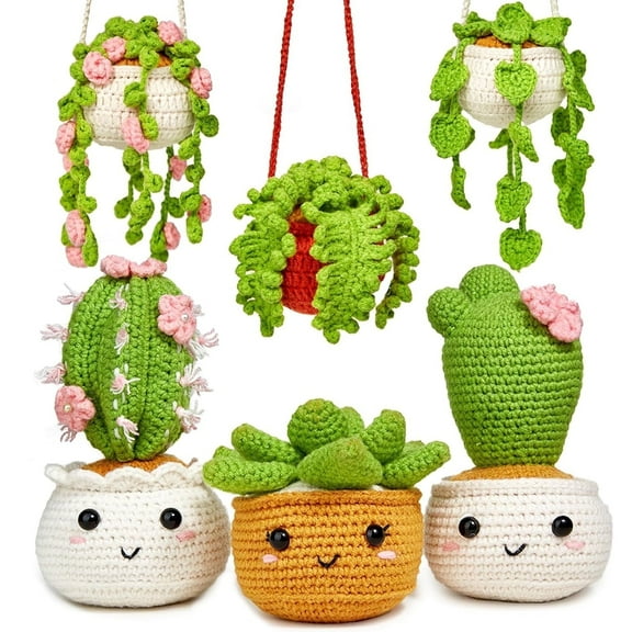 Crochet Kit for Beginners, Starter Knitting Kit for Adults with Step-by-Step Video Tutorials, 6 Pack Potted Plants