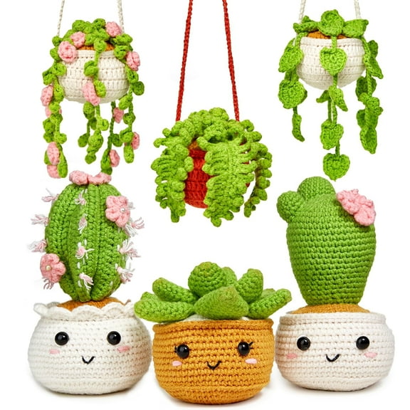 Crochet Kit for Beginners, Crochet Starter Kits for Adults Amigurumi Craft Knitting Crocheting Kits with Step-by-Step Video Tutorials, 6 Pack Hanging Potted Plants Family