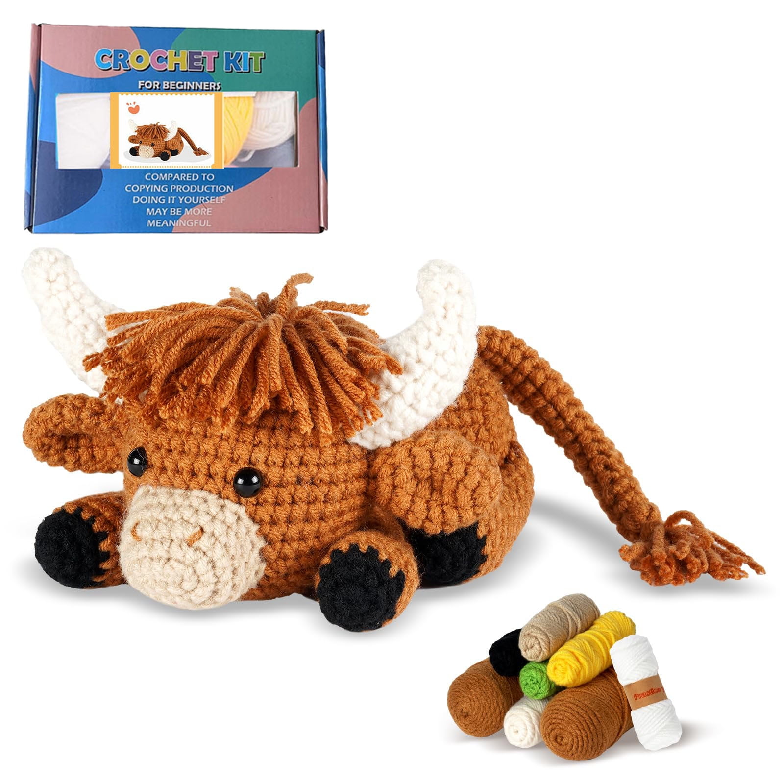 Crochet Kit for Beginners, DIY knitting Kit with Step-by-Step Video, Yarn Hook Stuffing & Instructions, Crochet Starter Kit for Adults & Kids (Highland Cow)