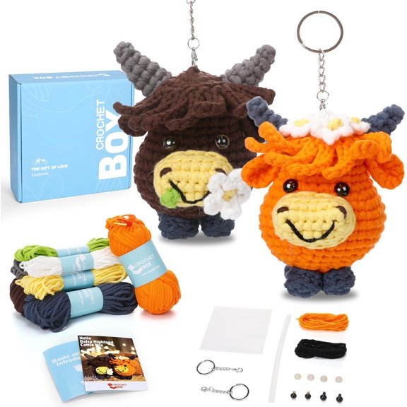 Crochet Kit for Beginners: Highland Cow Crochet Kit, Learn to Crochet, Include Easy Knitting Soft Yarn, Step-by-Step Video Tutorial, Hook, Holiday Birthday Gift for Adults and Kids(30%+ Yarn)