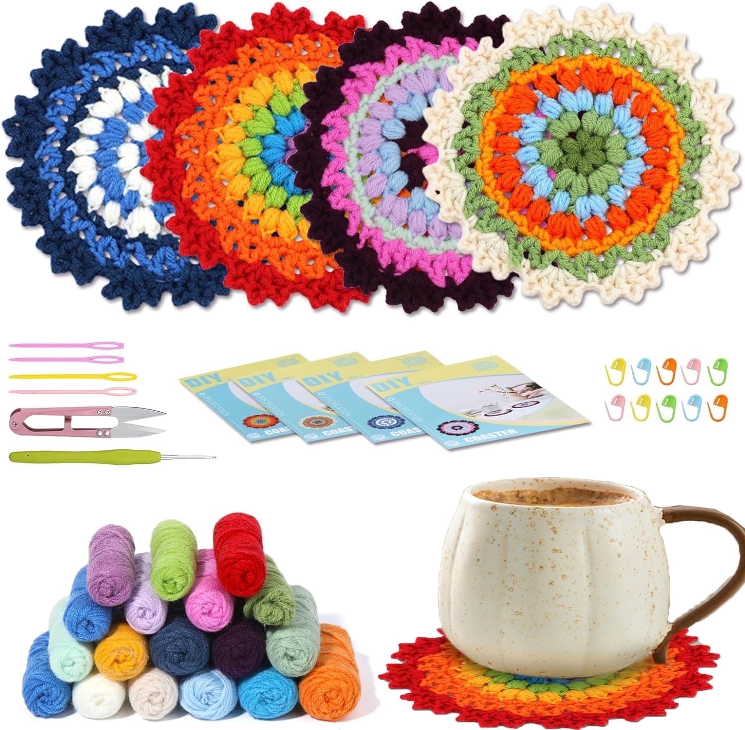 Crochet Kit for Beginners,Knitting Coaster Yarn Crochet Material Kit,Coaters Crochet Starter Knitting Kit for Adults & Kids with Yarn and Tool to DIY 4 Coasters, Easy to Learn Hook and Needle