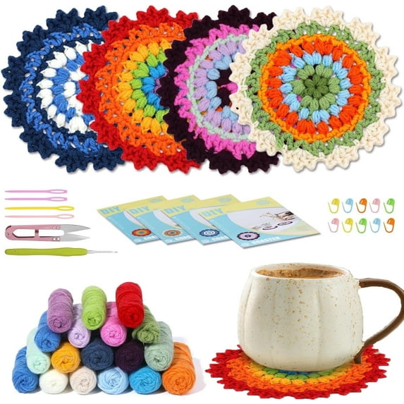 Crochet Kit for Beginners,Knitting Coaster Yarn Crochet Material Kit,Coaters Crochet Starter Knitting Kit for Adults & Kids with Yarn and Tool to DIY 4 Coasters, Easy to Learn Hook and Needle