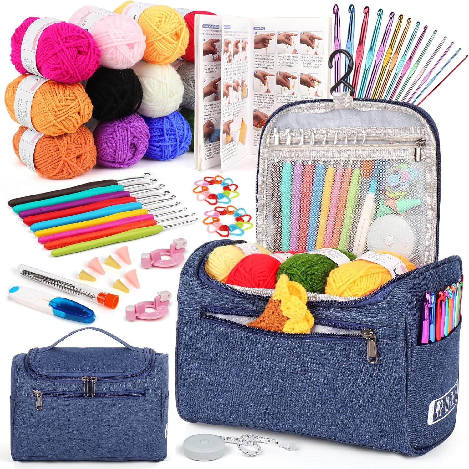 Crochet Kit for Beginners Young and Old, First Adults Include 23pcs Hooks, 655 Yards Yarn Set Crocheting, Instruction, Bag, Accessories Supplies, Navy