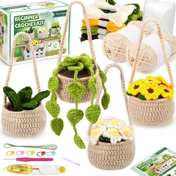 Crochet Kit for Beginners - 4 PCS Hanging Potted Plants, Beginner Crochet Kit for Adults with Easy to Follow Tutorials