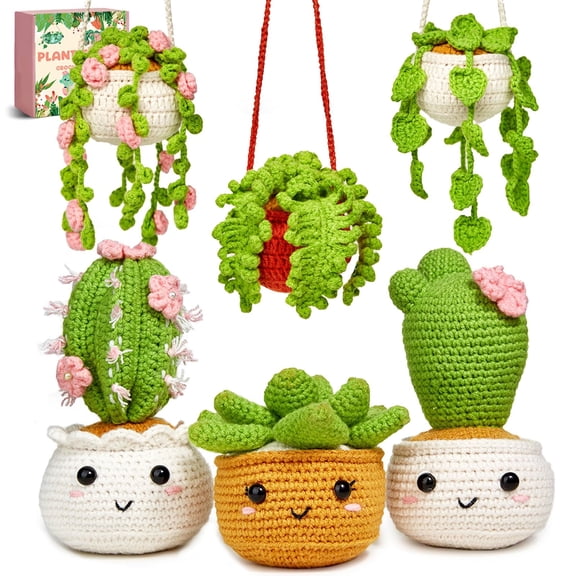 Crochet Kit for Beginners, 6-Pack Amigurumi Craft Knitting Set for Adults, Includes Video Tutorials & Extra Yarn, Hanging Potted Plants