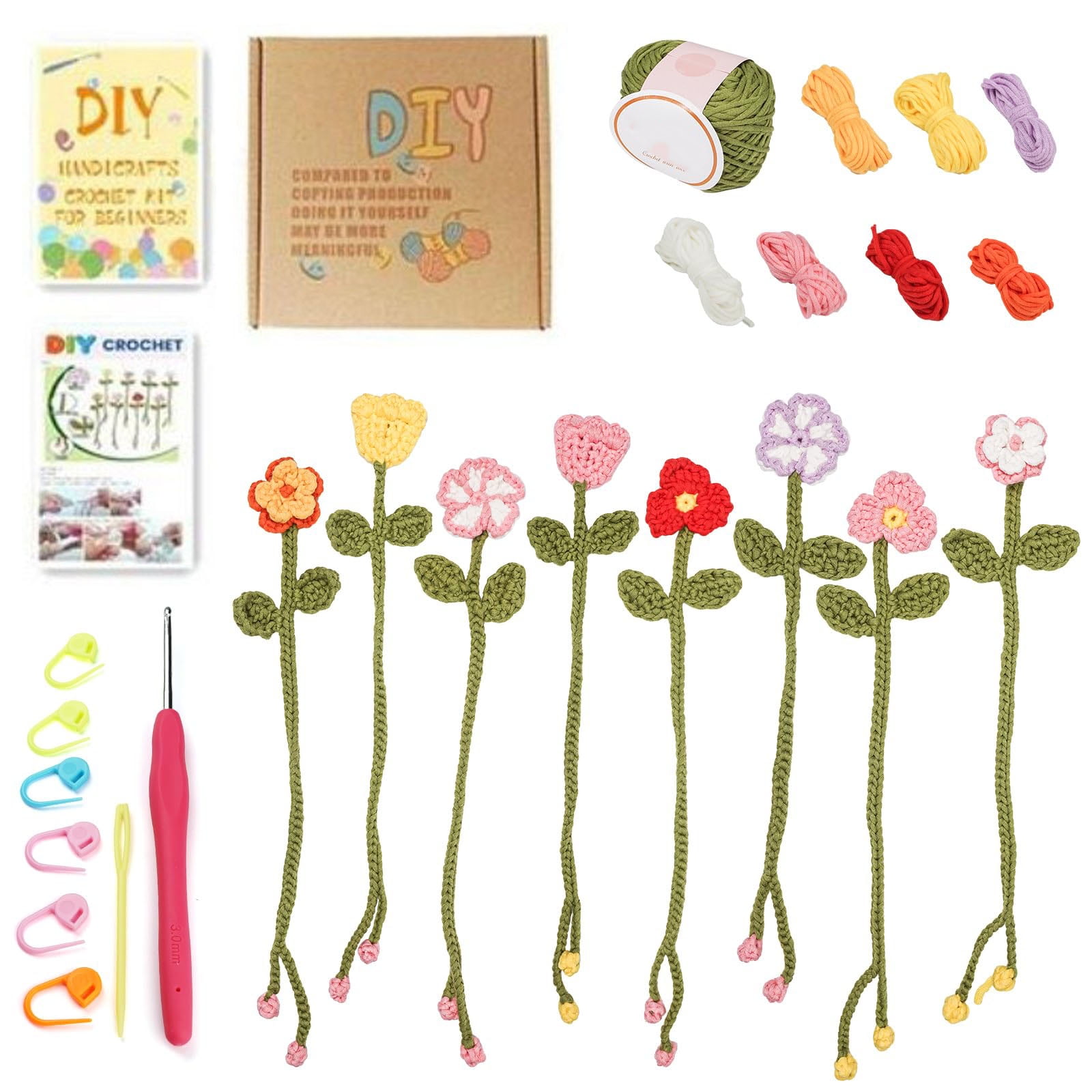 Crochet Kit for Beginners, 8 Flower Bookmarks Knitting Kit with Yarn Hook Needle,Step-by-Step Video Tutorials Crochet Craft Kit for Adults & Kids