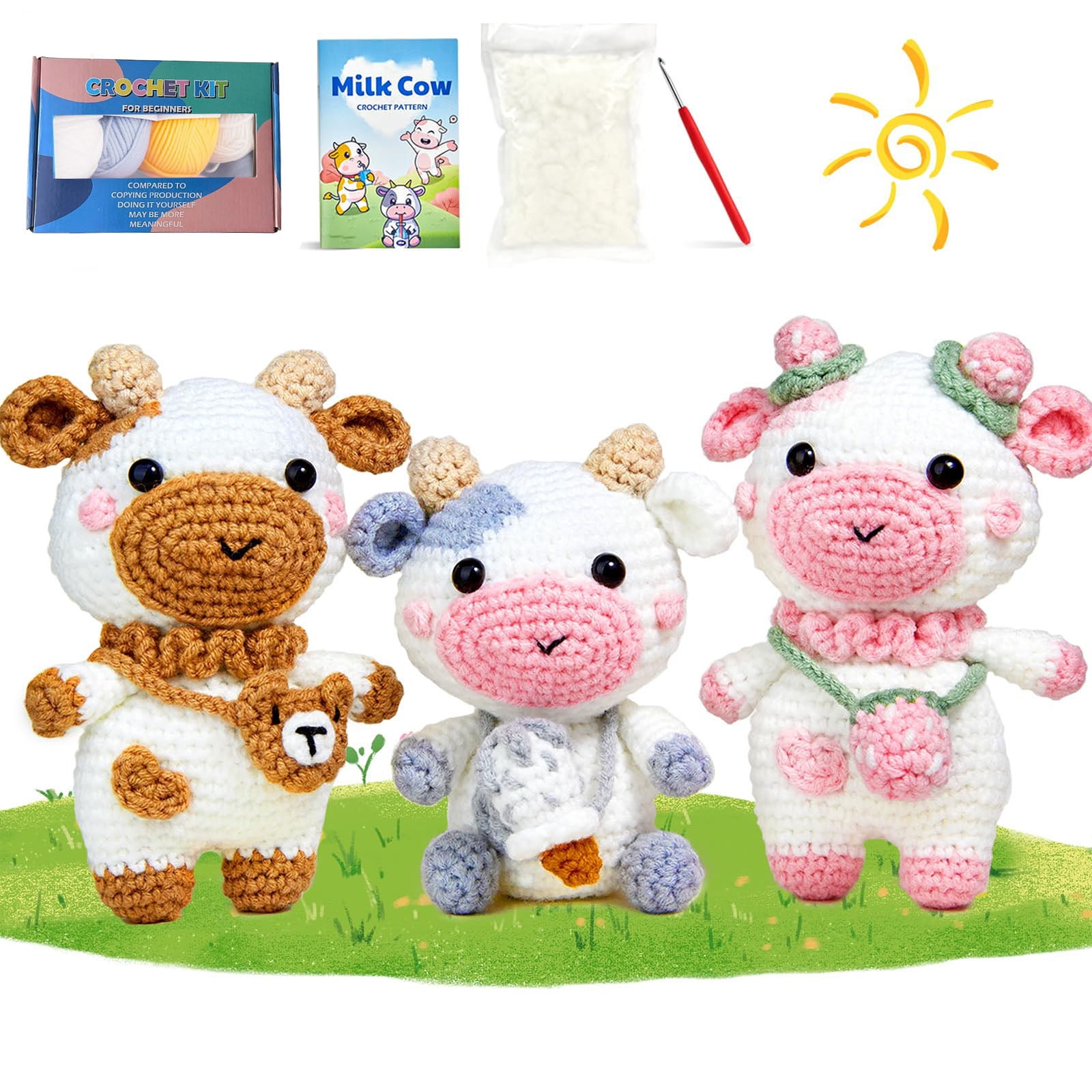 Crochet Kit for Beginners, Crochet Starter Kit for Adults with Video, Amigurumi Crochet Animals Kit DIY Craft, 3 Cow Crochet Kit with Yarn & Hook