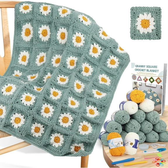 Crochet Kit for Beginners, Crochet Starter Kit for Blanket, Granny Squares Video Instructions, Easy to Learn Knitting for Beginner