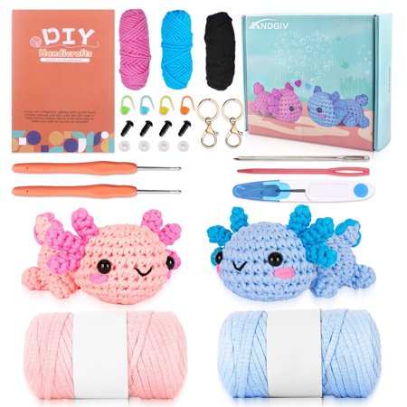 Crochet Kit for Beginners Kids Adults - Amigurumi Crocheting Animal Kits, Beginner Knitting Set DIY Art Craft Mini Stuffed Toy for 2 Axolotl