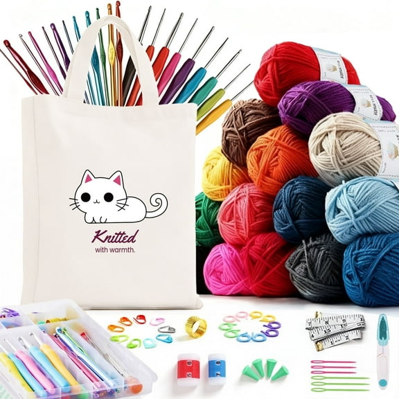 HUANCTOMA  Crochet Kit for Beginners Adults and Kids,Knitting Supplies With 1800yd Acrylic Yarn 21 Ergonomic Hooks Canvas Storage Bag Lots more