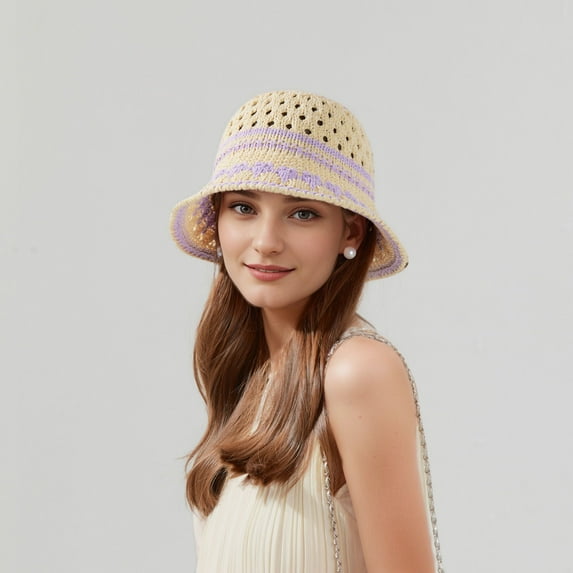 Crochet Knit Bucket Hat with Openwork Floral Pattern and Rolled Brim for Lightweight Summer Style - Purple