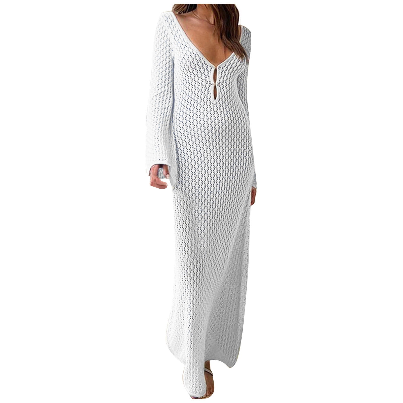 knee length dresses for ladies Zizi Long Sleeve Crochet Maxi Dress White– Selfie Leslie main image 1