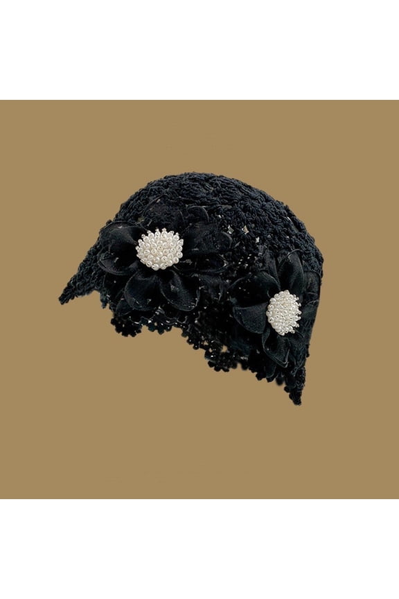 Crochet Knit Lace Flower Beanie Cap Lightweight Hollow Out Hat for Women