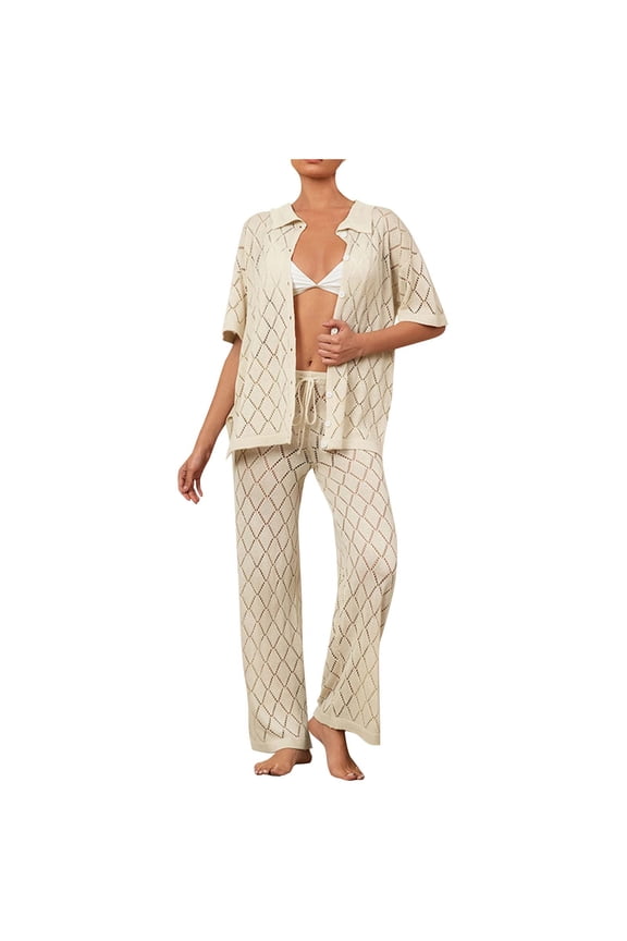 Crochet Knit Outfits for Women Summer Half Sleeve Button Cardigan with Long Pants Knit Sets Hollow out Swimsuit Cover up Beach Vacation Suits Ladys Loungewear Sets 2 Piece Outfits Beige S