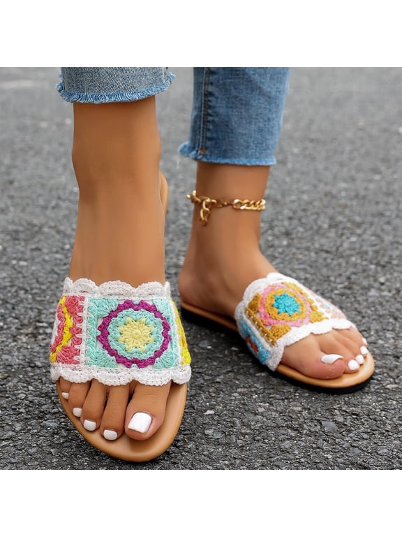 Crochet Knit Slides for Women Wide Strap Flat Slippers Boho Floral Sandals Scalloped Trim Summer Casual Outdoor Wear