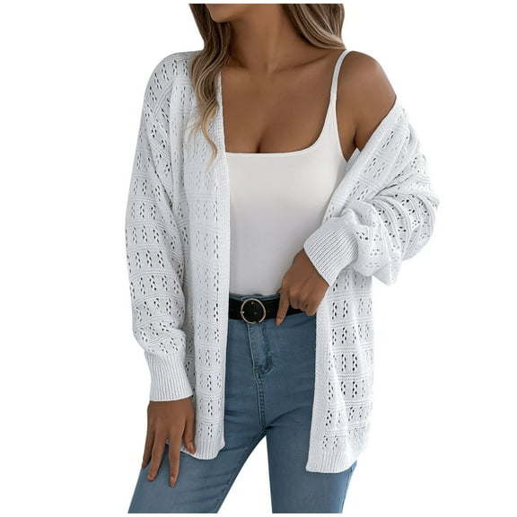 Crochet Knit Sweater Cardigans for Women Trendy Casual Fall Knitwear Open Front Long Sleeve Blouses Jackets (XL, White)