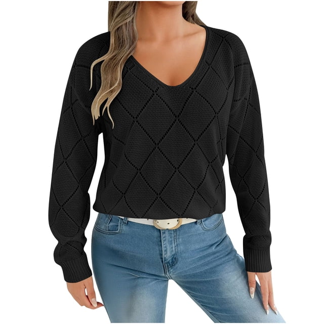 Crochet Knit Sweaters for Women Long Sleeve Pullover V Neck Lightweight Tops Black L