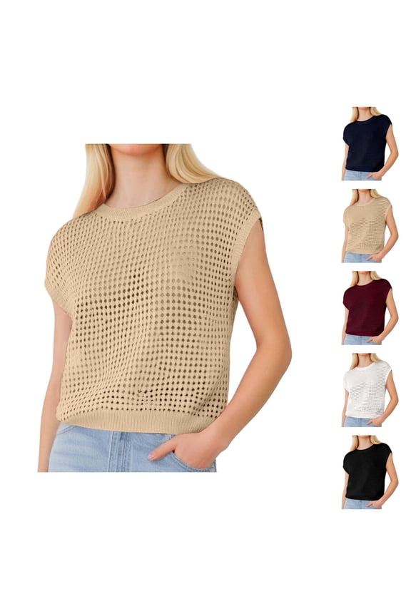Crochet Knit Top for Women Cap Sleeve Crew Neck Open Knit Plain Casual Loose Fit Lightweight Summer Sweater Top