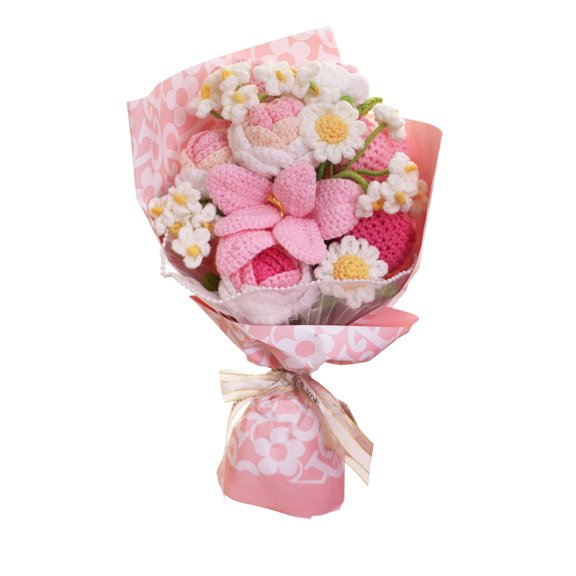 Crochet Knitted Flower Bouquet, Realistic Artificial Flowers Handmade with Cotton Thread, Elegant Home Decoration for Wedding, Party, Anniversary, Valentine'S Day, And , Hand-Crocheted Bouquet *1