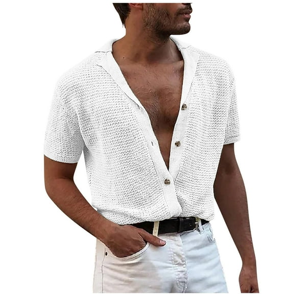 Crochet Knitted Shirts for Men Button-Down Collared Short Sleeve Tshirts Shirt Mens Casual Solid Color Stretchy Slim Lapel Tees Tops