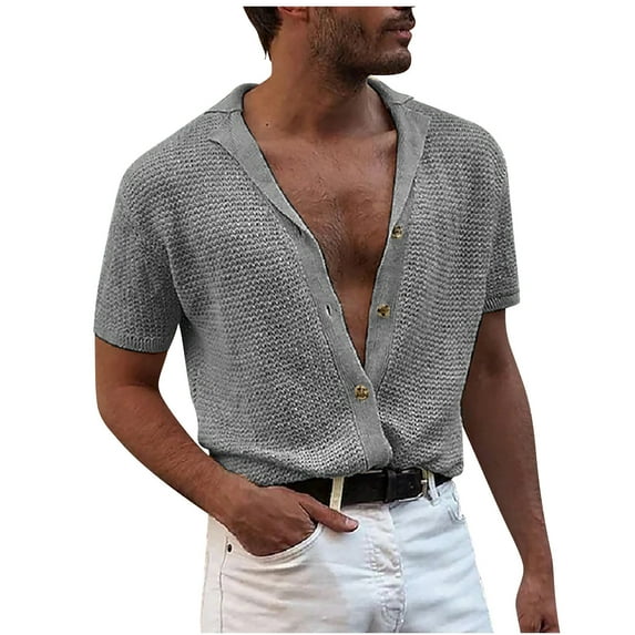 Crochet Knitted Shirts for Men Button-Down Collared Short Sleeve Tshirts Shirt Mens Casual Solid Color Stretchy Slim Lapel Tees Tops