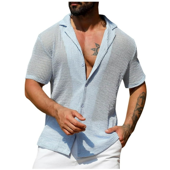Crochet Knitted Shirts for Men Short Sleeve Button-Down Collar Tshirts Shirt Lightweight Hollow Out Breathable Casual Solid Beach Tees Tops