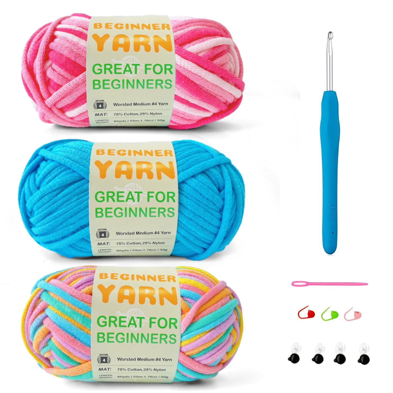 Crochet and Knitting Yarn for Beginners, 3-Skein Kit with Crochet Hook