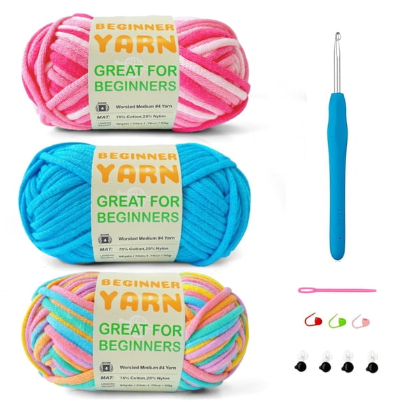 Crochet and Knitting Yarn for Beginners, 3-Skein Kit with Crochet Hook, Stitch Markers, Safety Eyes, Needle, Worsted Weight Medium Yarn for Amigurumi, Blankets, Home Decor, 3 Colors