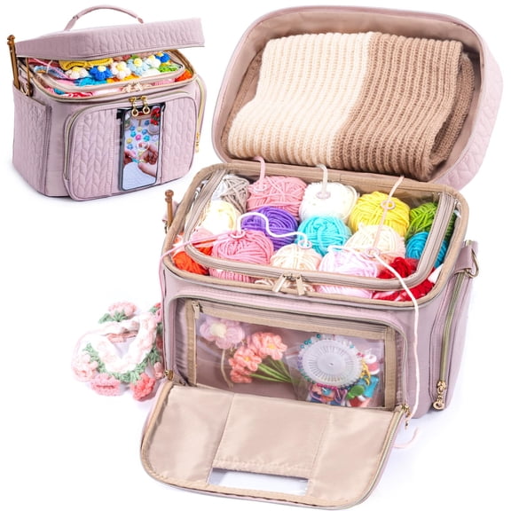Crochet & Knitting Yarn Storage Bag Pink Medium Double Layer Craft Organizer