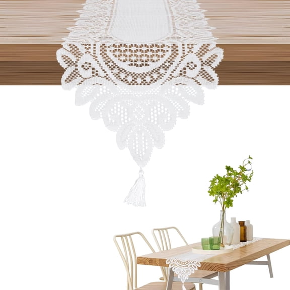 Crochet Lace Rectangular Table Runner, 2 PCS Vintage White Lace Table Runner Tassels Decorative Mesh Tablecloth for Tabletop Decor Picnic Party Kitchen Wedding