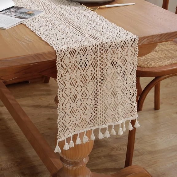 Crochet Lace Table Runner, Boho Cotton Table Runners with Tassels, Rustic Farmhouse Table Decoration, Mesh Woven Table Decor for Wedding Bridal Shower Party 10x72 Inch