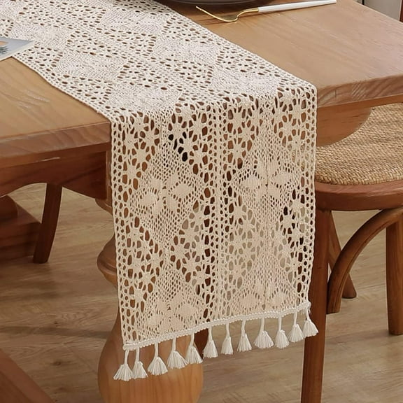 Crochet Lace Table Runner, Boho Cotton Table Runners with Tassels, Rustic Farmhouse Table Decoration, Mesh Woven Table Decor for Wedding Bridal Shower Party 10x72 Inch