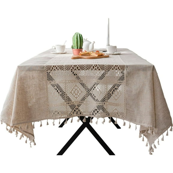 Crochet Lace Tablecloth with Tassel Rectangular Table Cover for Kitchen Dinning Wedding Party Decoration