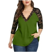 Crochet Lace Trim Loose Tunic Long Sleeve T Shirts Womens Fall Fashion Trendy Western Tops for Ladies V-Neck Pullover Plus Size Tops Color Block Sweatshirts Army Green XL