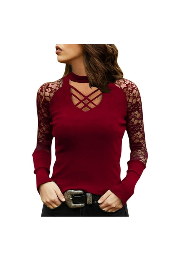 Crochet Lace Trim Western Tops for Ladies Plus Size Tops Womens Fall Fashion Lace Stiching L T Shirts Loose Tunic Color Block Sweatshirts Criss C Keyhole Hollow-out Pullover Trendy Wine XXL