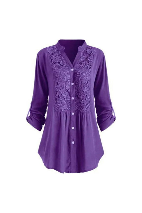 Crochet Lace Trim Western Tops for Women'ss Fall Fashion V Neck Stand Collar Pullover Plus Size Tops Long Sleeve T Shirts Solid Color Sweatshirts Loose Tunic Trendy Purple S
