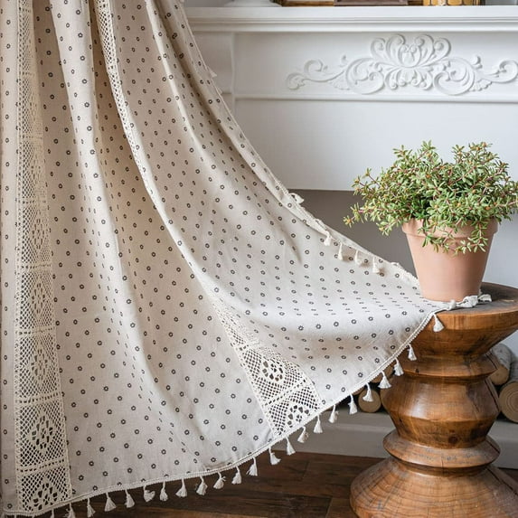 Crochet Lace Window Curtain Panel with Tassels Semi Sheer Hollow Curtains for Bedroom Living Room, 1 Pane Rod Pocketl