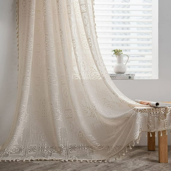 Crochet Lace Window Curtain Panel with Tassels Semi Sheer Hollow Curtains for Bedroom Living Room, 1 Pane Rod Pocketl