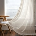 thumbnail image 1 of Crochet Lace Window Curtain Panel with Tassels Semi Sheer Hollow Curtains for Bedroom Living Room, 1 Pane Rod Pocketl, 1 of 6