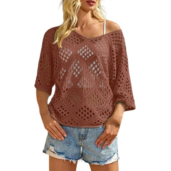 Crochet Lattice Tops For Women Womens Tops Short Sleeve Tops For Women Beachy Tops For Women Blouses For Women Dressy Casual Trending Womens Clothes Short Sleeve Crochet Sweater
