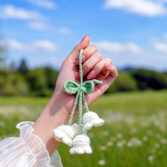 Crochet Lily Flower Car Mirror Hanging Accessories, Cute Knit Plant Desk Decor & Wall Hanging Charm, Aesthetic Home Office Car Gift (White, 2Pc)