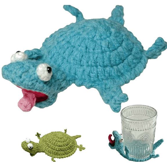 Crochet Lizard Coaster, Funny 3D Handmade Amigurumi Animal Cup Mat, Cute Mug Rug Table Protector for Home Decor (Blue, Finished)