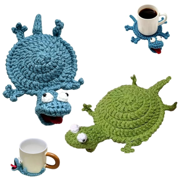 Crochet Lizard Coaster Kit 3D Handmade Amigurumi Animal Cup Mat Funny DIY Craft Making Supplies for Adults Beginners Home Decor Gift (Green 2PCS)
